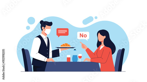 Waiter wearing a face mask serving food to a customer who politely refuses the offer during a restaurant dining experience.
