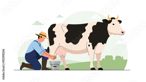 Farmer milking a dairy cow in a peaceful rural meadow to obtain fresh milk for organic dairy product manufacturing.