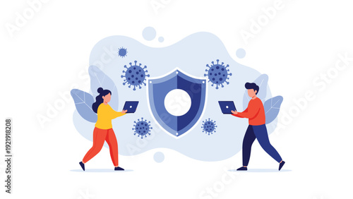 Cybersecurity experts using laptops to defend a digital network shield against harmful computer viruses and malware threats.