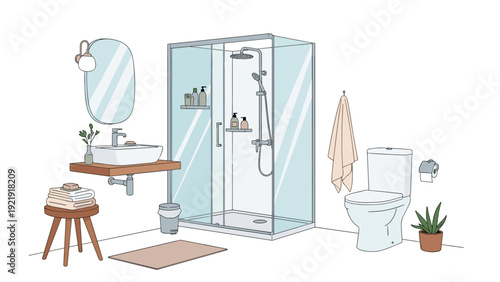 Clean and modern bathroom interior featuring a glass shower cabin, white sink, and stylish wooden furniture for a relaxing home.