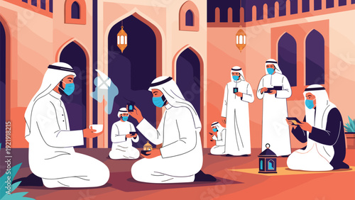 Group of Arab men wearing traditional thobes and blue face masks sit together on a courtyard floor drinking coffee.