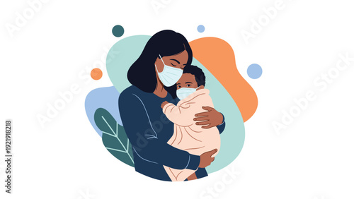 African American mother wearing a blue face mask holds her infant child who is also masked for protection and safety.