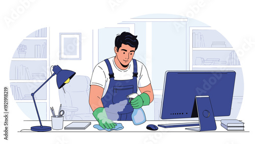Professional cleaner in blue overalls and protective gloves disinfects a computer desk and monitor in a modern office.