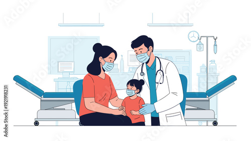 Male pediatrician wearing a surgical mask and stethoscope examines a young girl and her mother during a clinic visit.