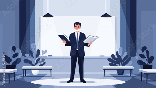 Male professor in a professional suit stands in a classroom between whiteboards while holding open books for a lecture.