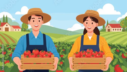 Happy male and female farmers wearing straw hats stand in a tomato field holding crates filled with fresh red harvest.