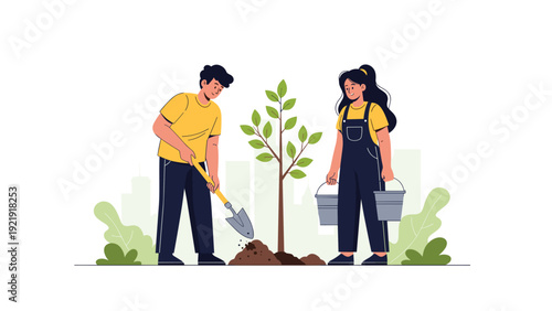 Young man and woman work together in a city park to plant a new tree using a shovel and water buckets for the soil.