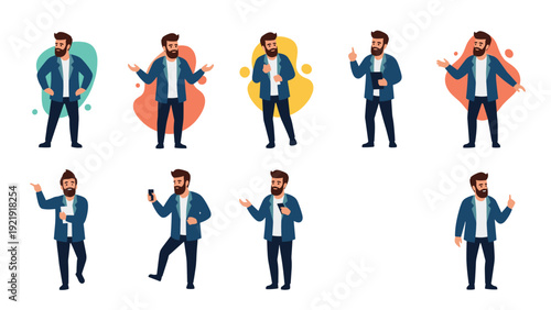 Collection of illustrations depicts a bearded man in a blue jacket in various professional poses and active gestures.