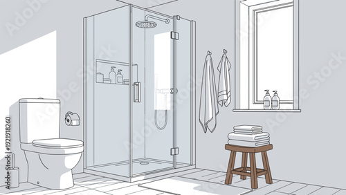 Minimalist bathroom design in grayscale features a walk-in glass shower, toilet, and wooden stool with white towels.