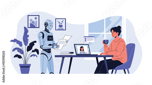 Woman has a telehealth video call with a doctor while a modern robot stands beside her holding medical documents.