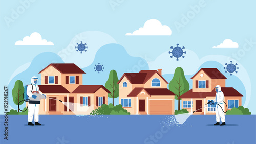 Workers in protective hazmat suits and respirators spray disinfectant on a suburban street to prevent the spread of germs.