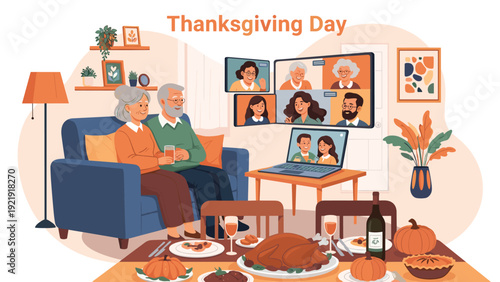 Elderly couple enjoys a festive Thanksgiving dinner while connecting with family through a video call on their laptop.