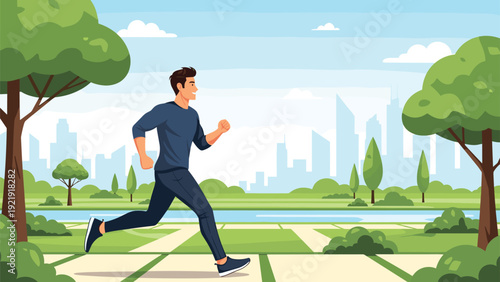 Athletic man in a blue shirt and navy trousers jogs along a paved park path with a city skyline in the background.
