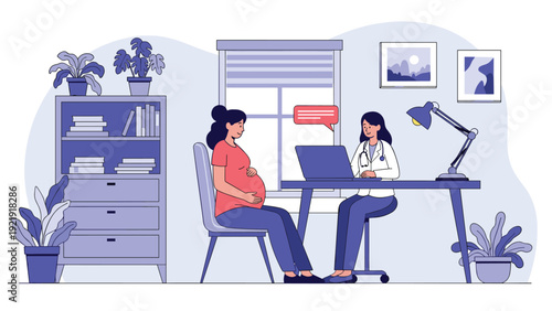 Pregnant woman sits in a clinic office having a medical consultation with a female doctor working on her laptop.