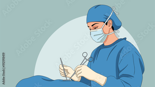 Professional surgeon wearing blue medical scrubs and a surgical mask performs a delicate operation using sterile tools in a clinical setting.
