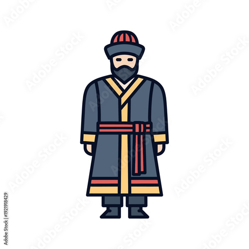 An illustration depicts a man wearing a traditional robe and hat standing still.
