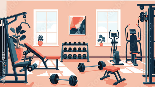 Modern home gym interior featuring a variety of fitness equipment including weight benches, dumbbells, treadmills, and stationary bikes.