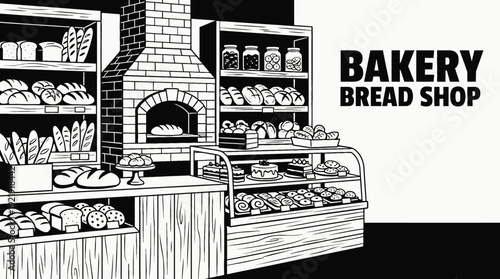 bakery food shop interior store counter shelf bread pastry display customer retail market product commerce business design vector illustration