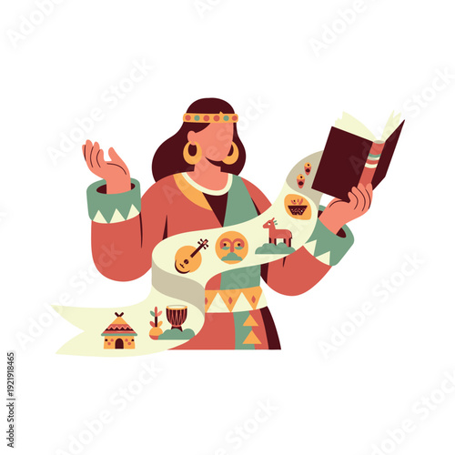 Ancient storyteller sharing traditional tales and cultural heritage from a sacred book illustration