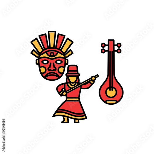 A person in traditional attire plays a stringed instrument beside a cultural mask.