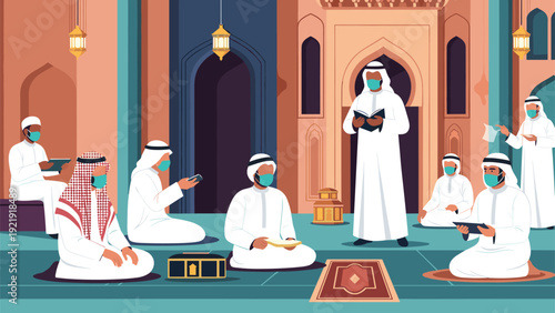 Group of Muslim men wearing traditional white clothing and protective face masks gather inside a mosque to pray and read the holy Quran.