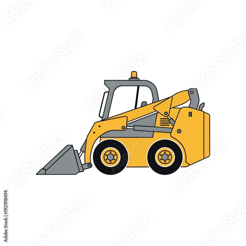 Yellow Skid-Steer Loader Illustration on White Background, Side View, Heavy Machinery