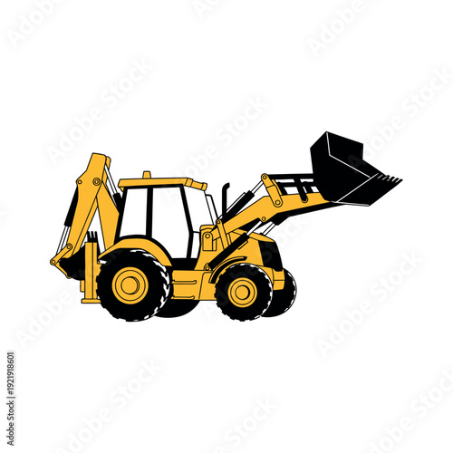 Yellow backhoe loader illustration on white background, side view, heavy machinery, construction equipment, industrial vehicle, graphic design