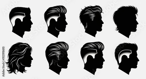 Collection of Diverse Male and Female Hairstyles Silhouettes.