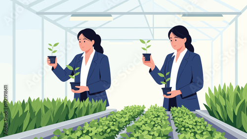 Two professional women in business suits carefully examine small potted plants in a modern greenhouse to monitor growth and overall health.
