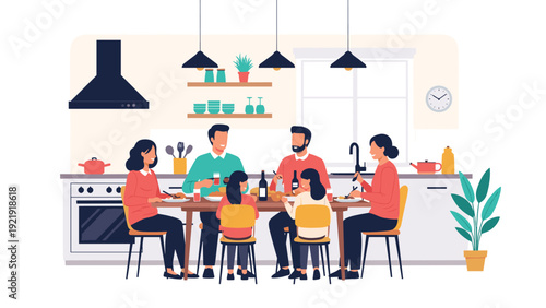 Happy multi-generational family sitting together at a kitchen dining table enjoying a healthy meal and conversation in a cozy home setting.
