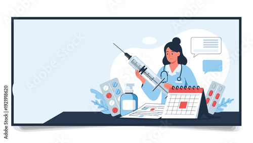 Female doctor standing next to large medical symbols including a syringe, medicine tablets, and a calendar to represent healthcare planning.