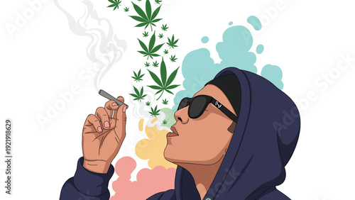 Stylized illustration of a person wearing sunglasses and a hoodie smoking, with green marijuana leaves and colorful smoke clouds.