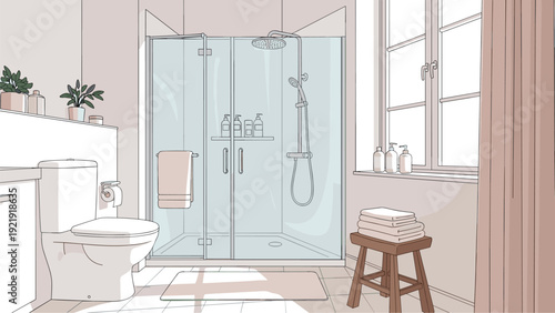 Clean and minimalist modern bathroom design featuring a glass shower stall, white toilet, wooden stool, and a neutral color palette.