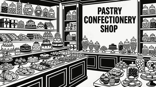 confectionery food shop interior store counter shelf cake candy display customer retail market product commerce business design vector illustration
