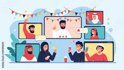 Group of diverse Muslim people celebrating an event virtually through a group video call while wearing traditional clothing and festive decor.