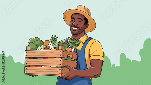 Cheerful black farmer holding a large wooden crate filled with a variety of fresh, colorful vegetables harvested from his local farm.
