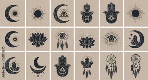 Mystical Symbols Collection Celestial Moon Eye Hamsa Dreamcatcher.