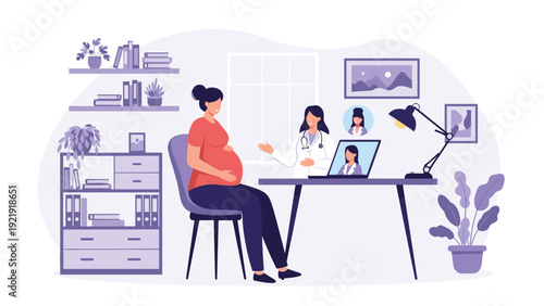 Pregnant woman sitting in an office having a consultation with her doctor and other specialists via a laptop video conference call.
