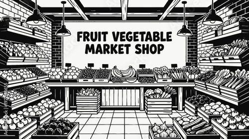 fruit vegetable food shop interior store counter shelf fresh produce display customer retail market product commerce business design vector illustration