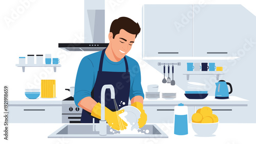 Happy young man wearing yellow gloves and an apron washing dishes in a bright, modern kitchen with white cabinets and blue accents.