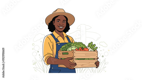 Portrait of a smiling black female farmer wearing a hat and overalls while holding a crate overflowing with fresh organic vegetables.