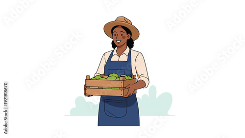 Happy woman farmer wearing an apron and a hat holding a wooden crate full of fresh green apples harvested from her farm orchard.