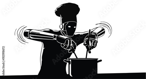 Chef cooking stirring pot kitchen illustration silhouette culinary art food preparation professional cooking technique