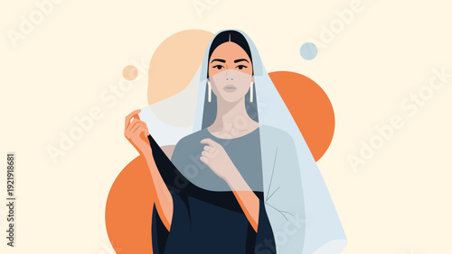 Elegant portrait of a woman wearing a blue dress and a semi-transparent white veil with geometric shapes in the soft background.