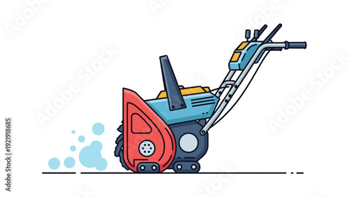 Colorful illustration of a heavy-duty red and blue snow blower used for commercial or residential snow removal during winter storms.
