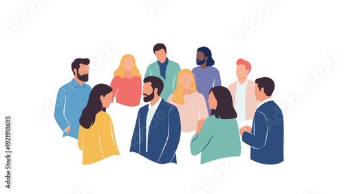 Diverse group of men and women standing in a tight circle while having an informal discussion or meeting on a plain white background.