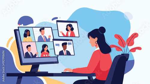 Young professional woman working from home while participating in a video conference call with colleagues on her desktop computer.