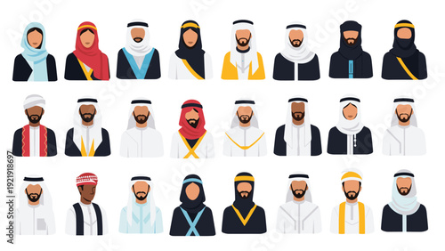 Large variety of diverse Middle Eastern avatars featuring men and women in various styles of traditional dress and headwear.