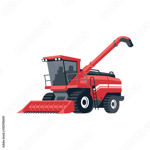 An illustration of a red combine harvester in a field with a white background