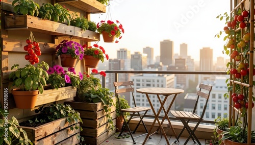 Balcony with table and chairs overlooking the city. Modular garden.